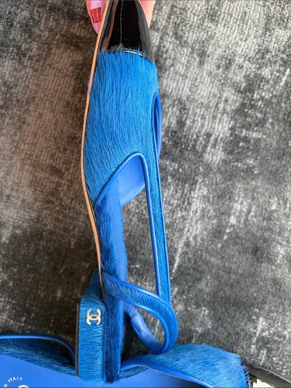CHANEL Royal Blue Slingback Flats with Black Patent Cap Toe